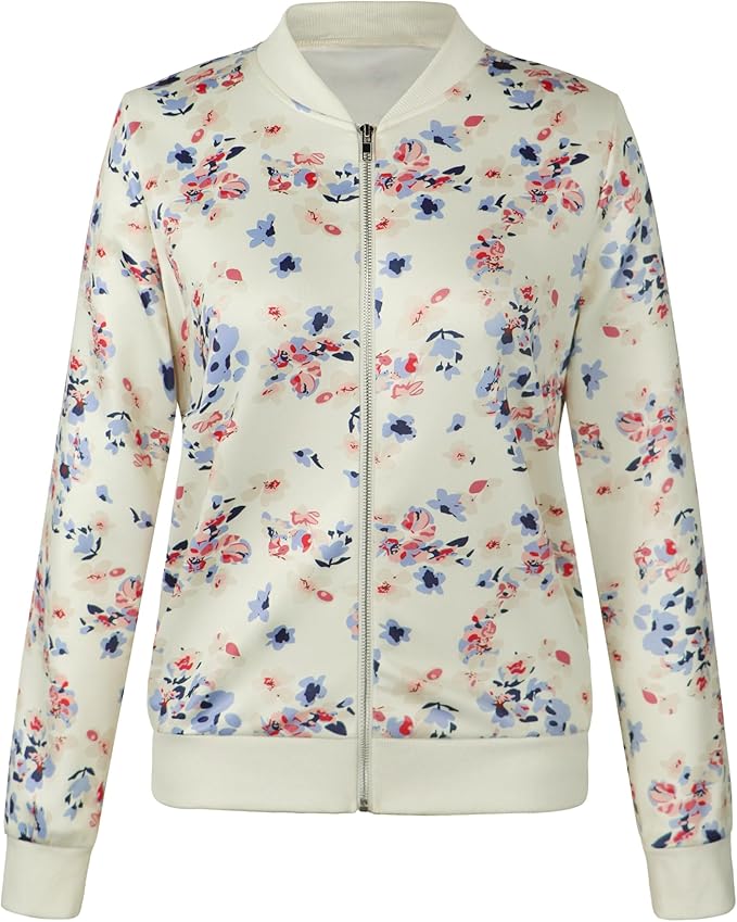 Women’s Casual Floral Zip Up Bomber Jacket — Lightweight Short Camo & Floral Windbreaker