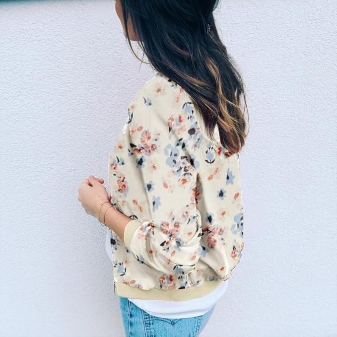 Women’s Casual Floral Zip Up Bomber Jacket — Lightweight Short Camo & Floral Windbreaker