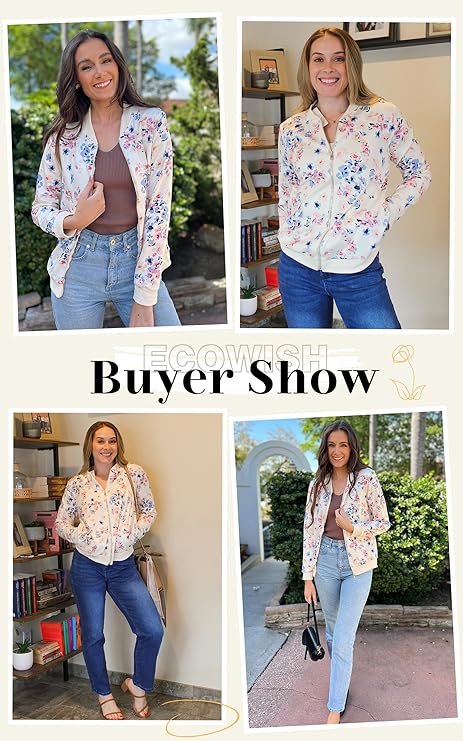 Women’s Casual Floral Zip Up Bomber Jacket — Lightweight Short Camo & Floral Windbreaker