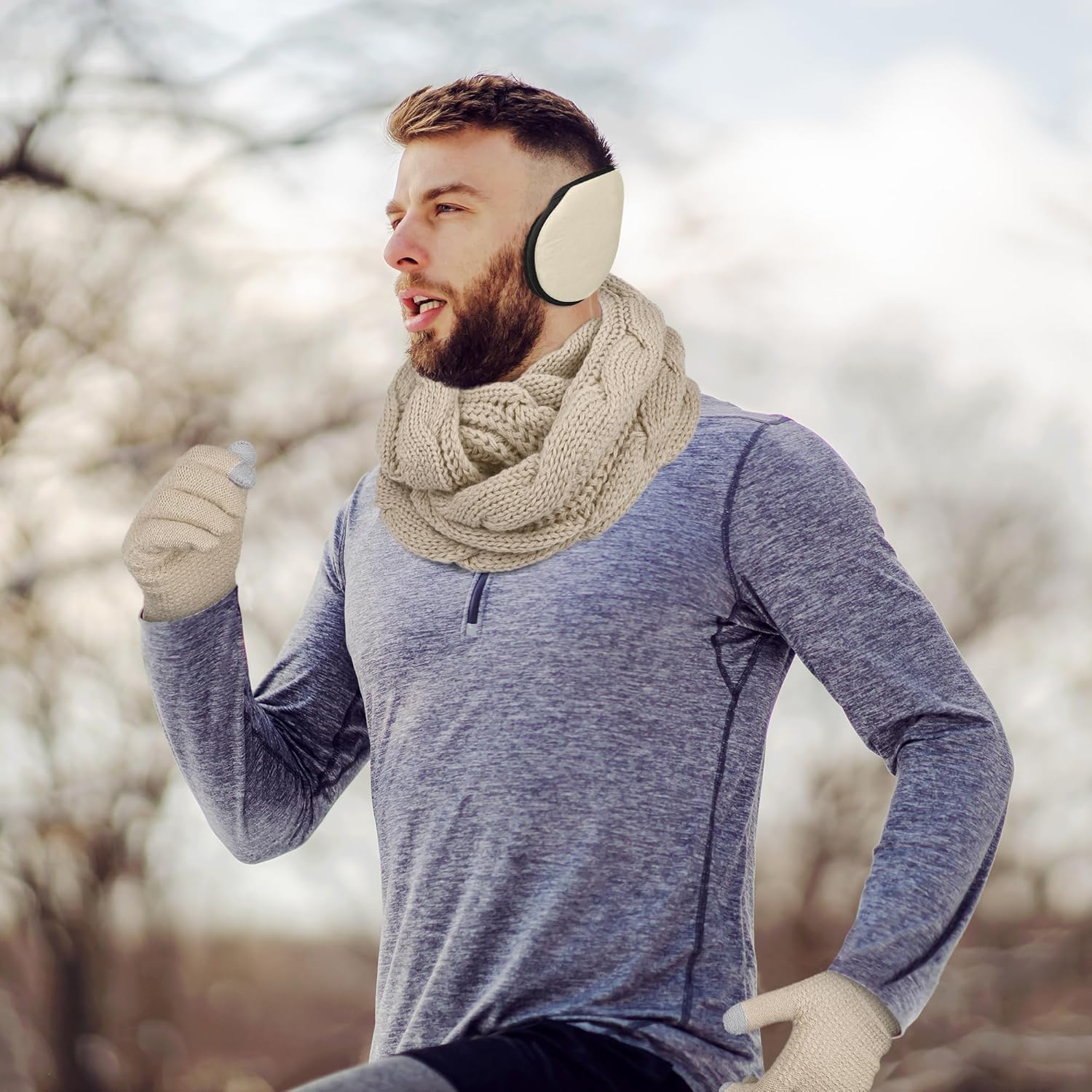 Aneco Winter Warm Sets Knitted Scarf Beanie Hat Touch Screen Gloves and Winter Ear Warmer for Men or Women
