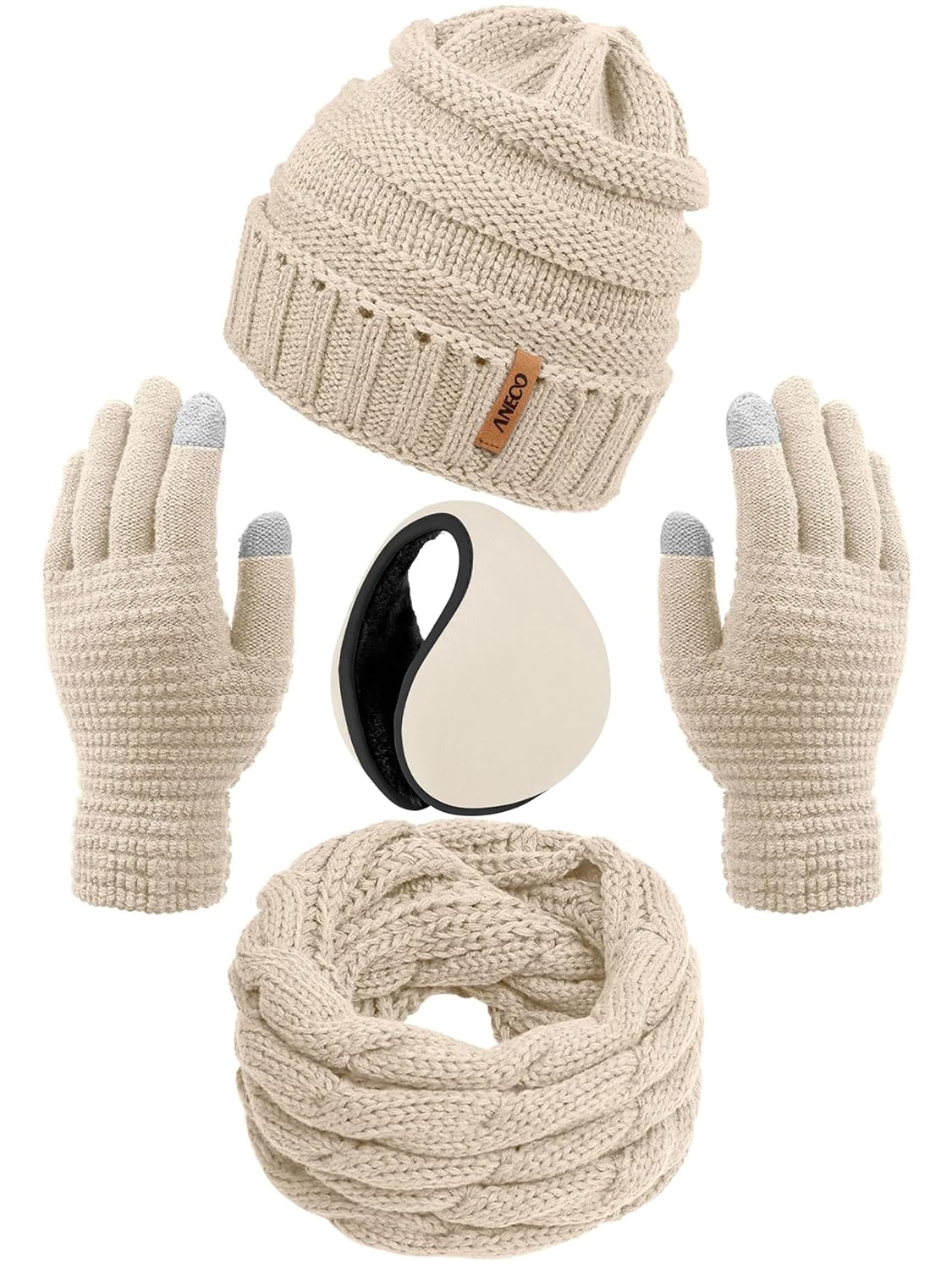 Aneco Winter Warm Sets Knitted Scarf Beanie Hat Touch Screen Gloves and Winter Ear Warmer for Men or Women