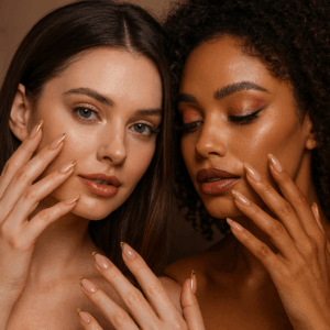 Almond gold press on nails glossy nude design for women