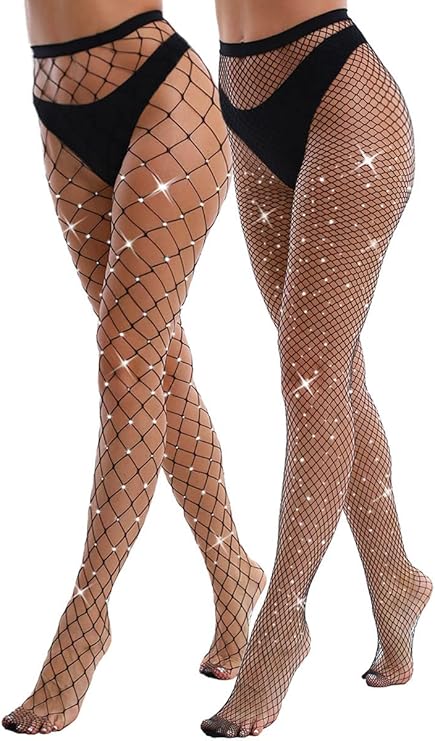 Venusrealm high-waisted sparkly fishnet tights showing both Large and Medium mesh styles with glitter rhinestones.