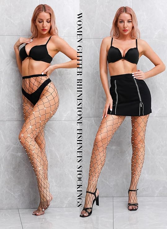 Venusrealm high-waisted sparkly fishnet tights showing both Large and Medium mesh styles with glitter rhinestones.