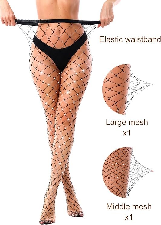 Venusrealm high-waisted sparkly fishnet tights showing both Large and Medium mesh styles with glitter rhinestones.