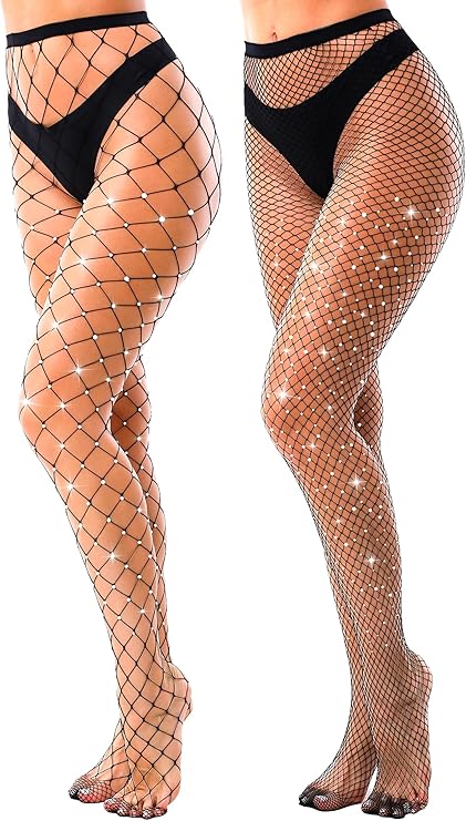 Venusrealm high-waisted sparkly fishnet tights showing both Large and Medium mesh styles with glitter rhinestones.