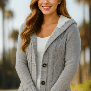Women’s hooded fleece-lined winter cardigan sweater with buttons and pockets – cozy winter outfit 2025
