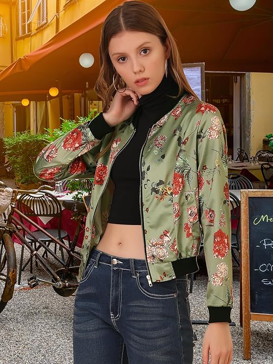 Women’s Bomber Jacket Satin Floral Long Sleeve Casual Fall Coat