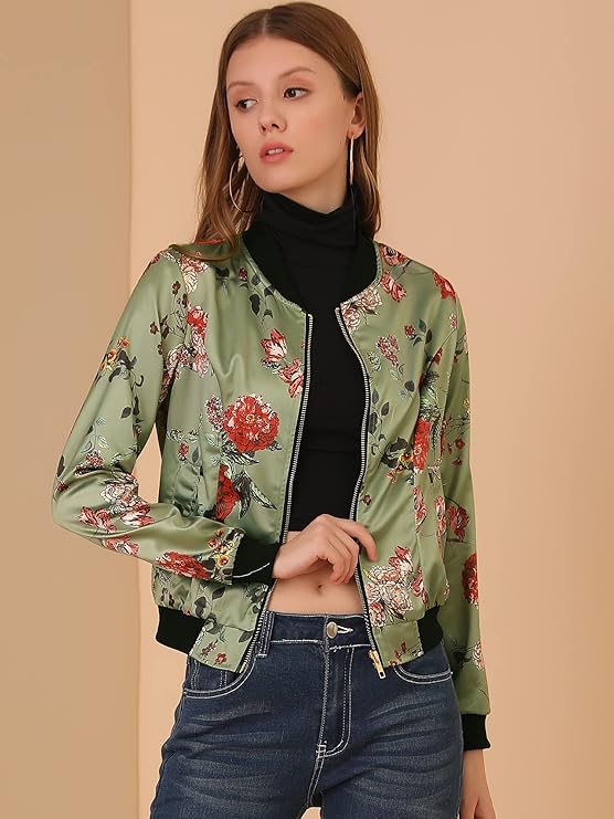 Women’s Bomber Jacket Satin Floral Long Sleeve Casual Fall Coat