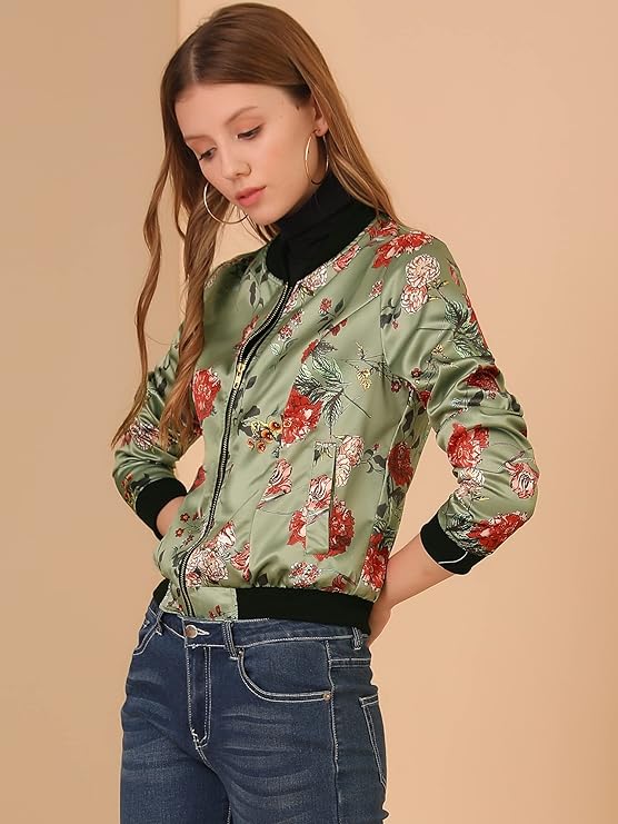 Women’s Bomber Jacket Satin Floral Long Sleeve Casual Fall Coat
