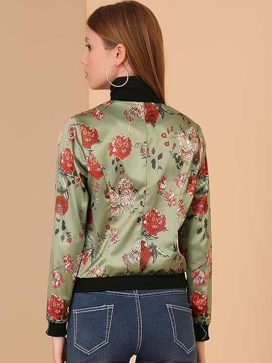 Women’s Bomber Jacket Satin Floral Long Sleeve Casual Fall Coat