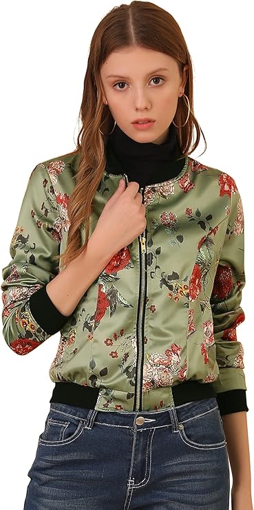 Women’s Bomber Jacket Satin Floral Long Sleeve Casual Fall Coat