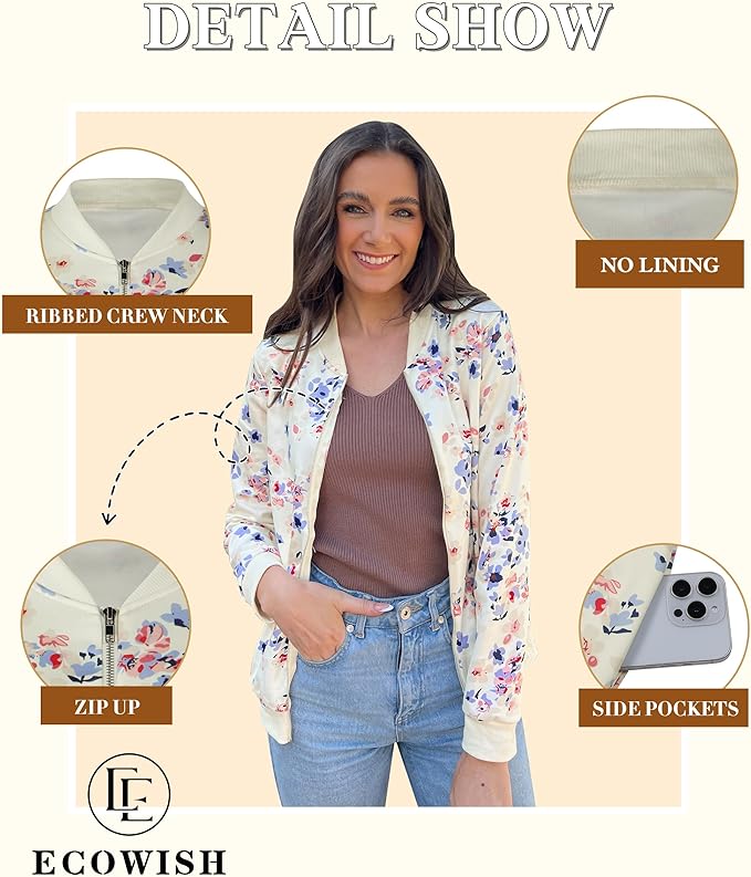 Women’s Casual Floral Zip Up Bomber Jacket — Lightweight Short Camo & Floral Windbreaker