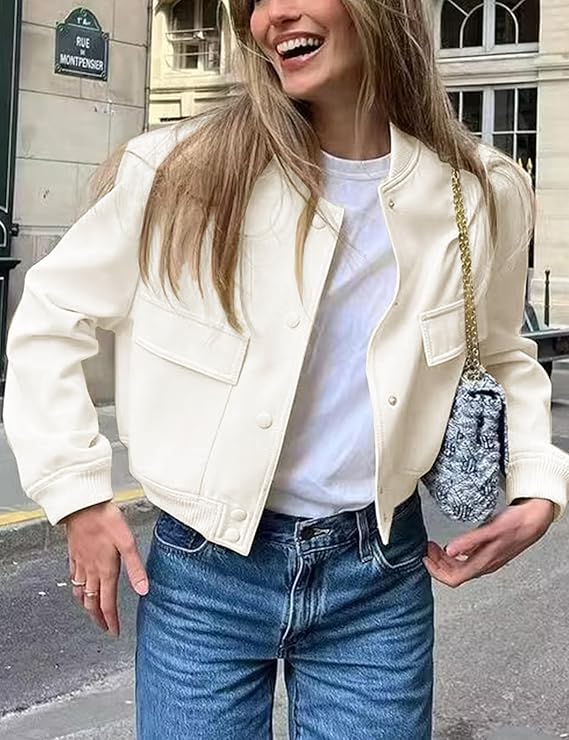 Womens Cropped Bomber Jacket Varsity Button Down with Pockets