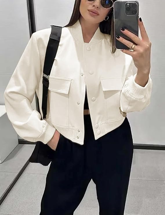 Womens Cropped Bomber Jacket Varsity Button Down with Pockets
