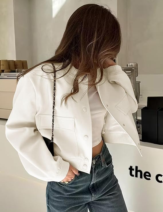Womens Cropped Bomber Jacket Varsity Button Down with Pockets