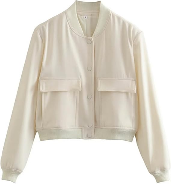 Womens Cropped Bomber Jacket Varsity Button Down with Pockets