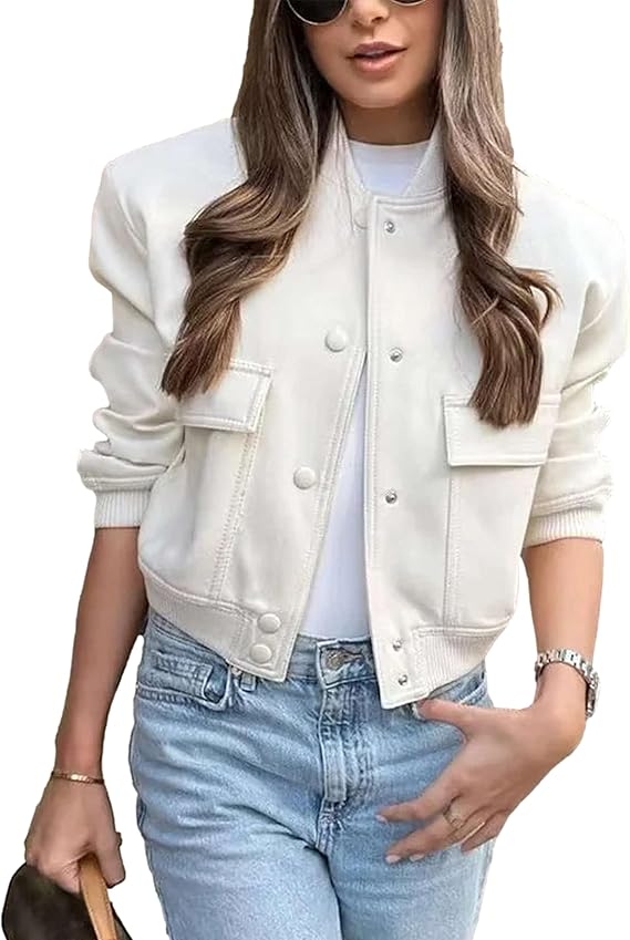 Womens Cropped Bomber Jacket Varsity Button Down with Pockets