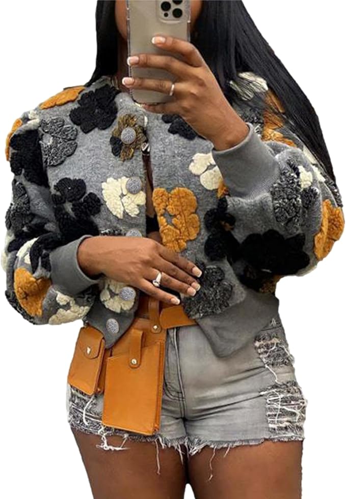 Womens Cropped Floral Print Shacket  Round Neck Bomber Style