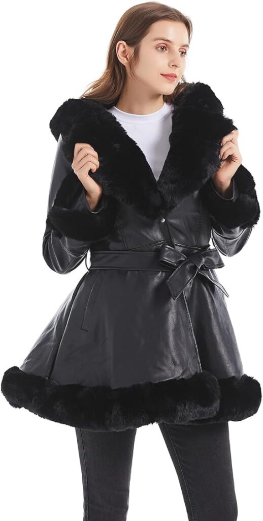 Women's Faux Leather Jacket with Faux Fur Collar, Winter Long Sleeve Furry Trim Peplum Parka Coat with Belt