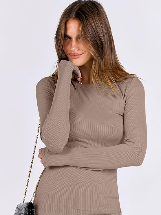 Women’s Rib Knit Long Sleeve Slim Fit Top – Soft Basic Tee for Fall & Winter Outfits 2025 | Casual Underscrub Layer Shirt - Image 2