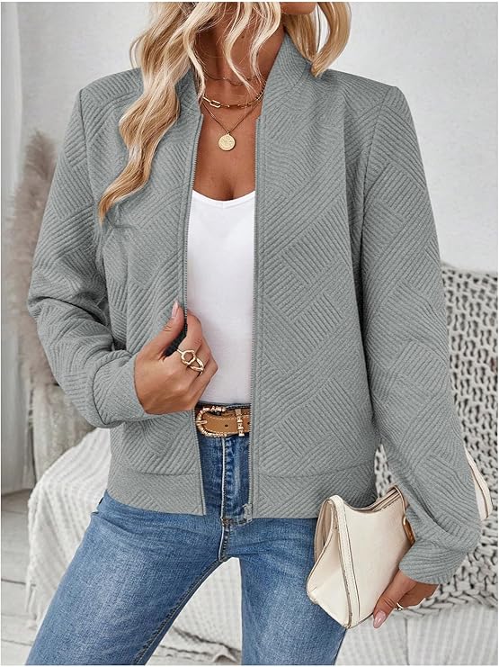 Womens Zip Up Textured Lightweight Bomber Jacket Long Sleeve Outerwear