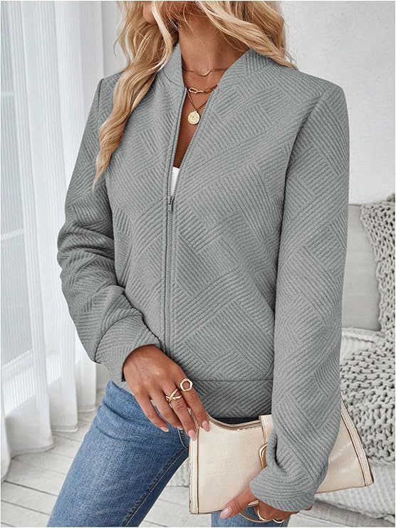 Womens Zip Up Textured Lightweight Bomber Jacket Long Sleeve Outerwear