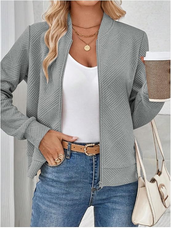 Womens Zip Up Textured Lightweight Bomber Jacket Long Sleeve Outerwear