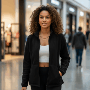 Zeagoo Women’s young woman wearing black fleece full zip jacket in shopping mall