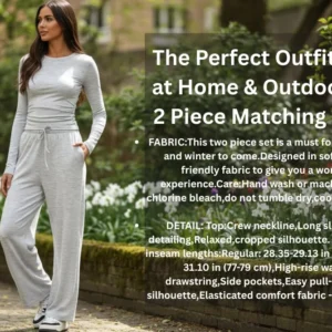 FABRIC:This two piece set is a must for slipping on in the fall and winter to come.Designed in soft stretchy and skin friendly fabric to give you a wonderful wearing experience.Care:Hand wash or machine wash cold,non-chlorine bleach,do not tumble dry,cool iron,do not dry clean. DETAIL: Top:Crew neckline,Long sleeves,Ruched side detailing,Relaxed,cropped silhouette. Pants:Available in two inseam lengths:Regular: 28.35-29.13 in (72-74 cm),Long: 30.31-31.10 in (77-79 cm),High-rise waist, Adjustable drawstring,Side pockets,Easy pull-on design,Wide leg silhouette,Elasticated comfort fabric - perfect for daily wear.