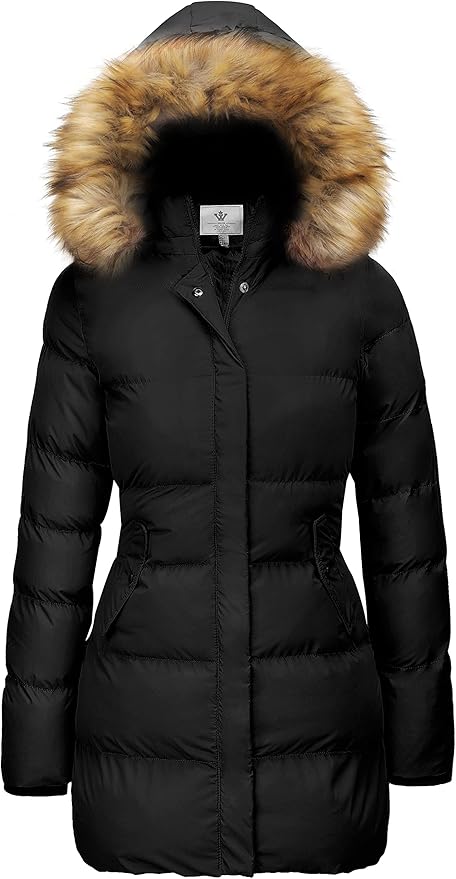 Womens Winter Thicken Puffer Coat Warm Jacket with Faux Fur Removable Hood