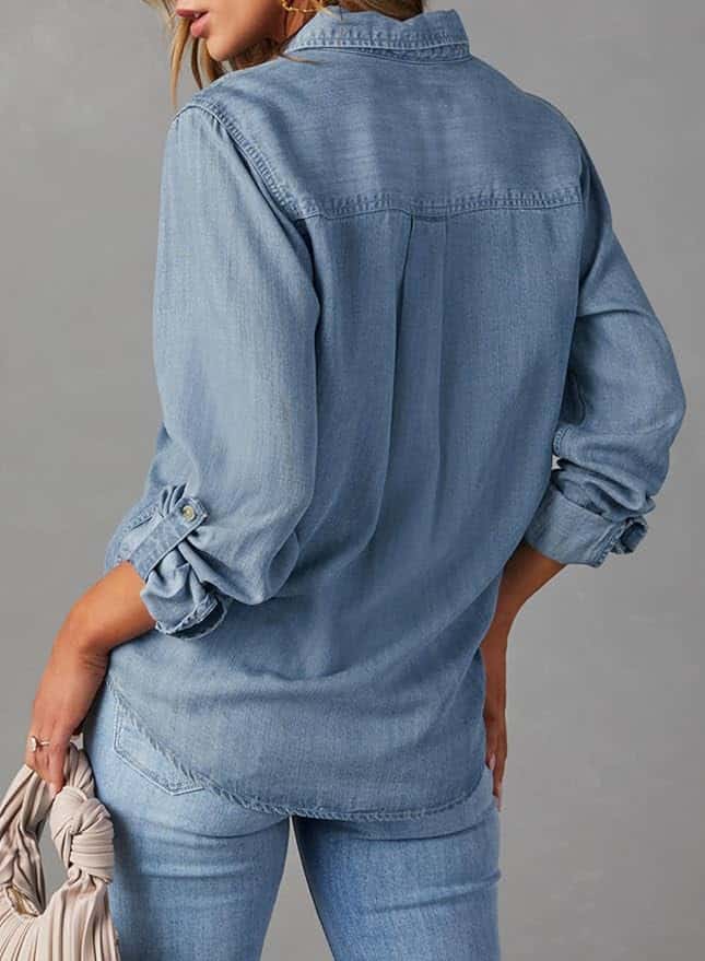 Astylish women's long sleeve denim chambray button up shirt