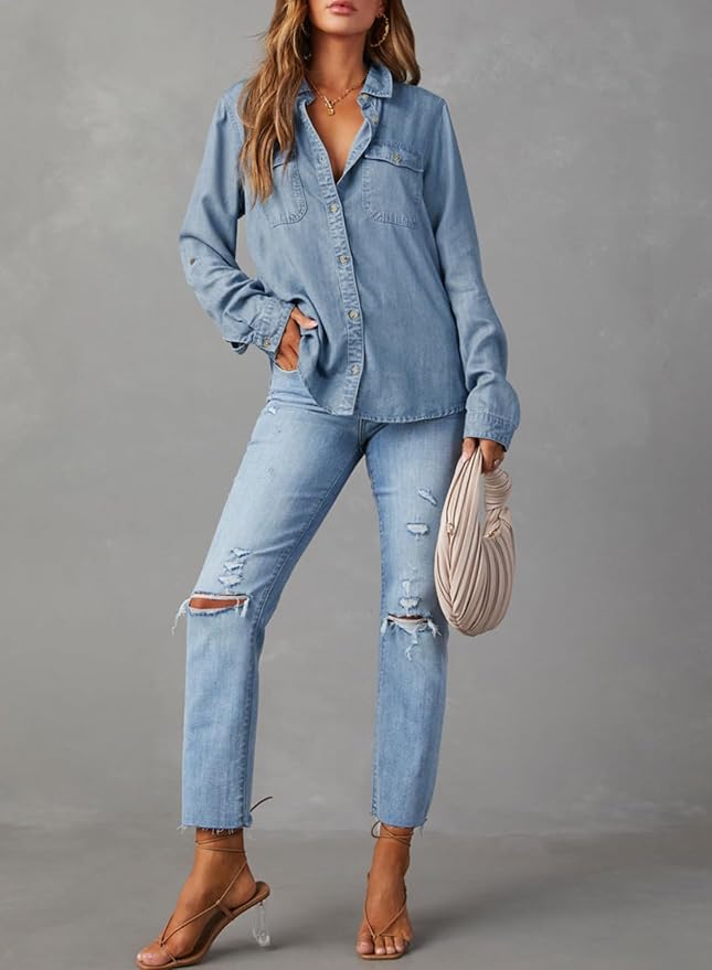 Astylish women's long sleeve denim chambray button up shirt