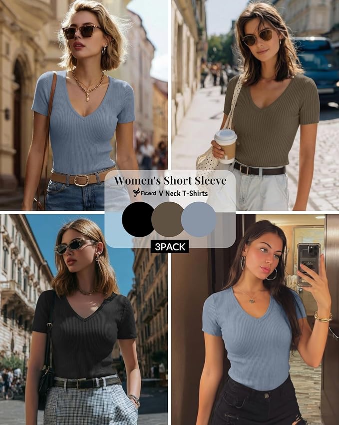 Ficerd 3 Pack Women's Short Sleeve Cotton T-Shirts V Neck Ribbed Slim Fit Tops Ladies' Casual Summer Basic Tee Ficerd 3 Pack Women's Short Sleeve Cotton T-Shirts V Neck Ribbed Slim Fit Tops Ladies' Casual Summer Basic Tee