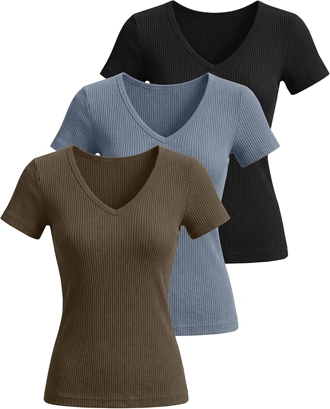 Ficerd 3 Pack Women's Short Sleeve Cotton T-Shirts V Neck Ribbed Slim Fit Tops Ladies' Casual Summer Basic Tee Ficerd 3 Pack Women's Short Sleeve Cotton T-Shirts V Neck Ribbed Slim Fit Tops Ladies' Casual Summer Basic Tee