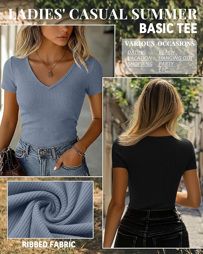 Ficerd 3 Pack Women's Short Sleeve Cotton T-Shirts V Neck Ribbed Slim Fit Tops Ladies' Casual Summer Basic Tee Ficerd 3 Pack Women's Short Sleeve Cotton T-Shirts V Neck Ribbed Slim Fit Tops Ladies' Casual Summer Basic Tee
