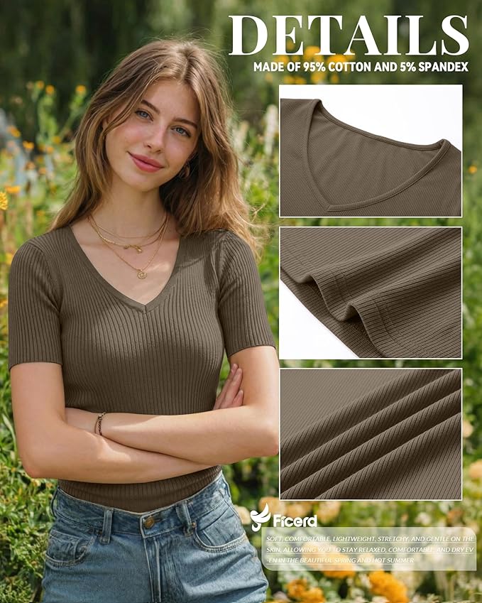 Ficerd 3 Pack Women's Short Sleeve Cotton T-Shirts V Neck Ribbed Slim Fit Tops Ladies' Casual Summer Basic Tee Ficerd 3 Pack Women's Short Sleeve Cotton T-Shirts V Neck Ribbed Slim Fit Tops Ladies' Casual Summer Basic Tee