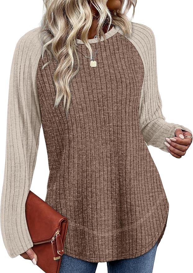 Lightweight apricot brown long sleeve tunic sweater for fall