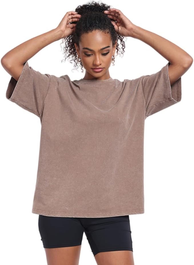 Oversized washed cotton vintage t-shirt for women grey