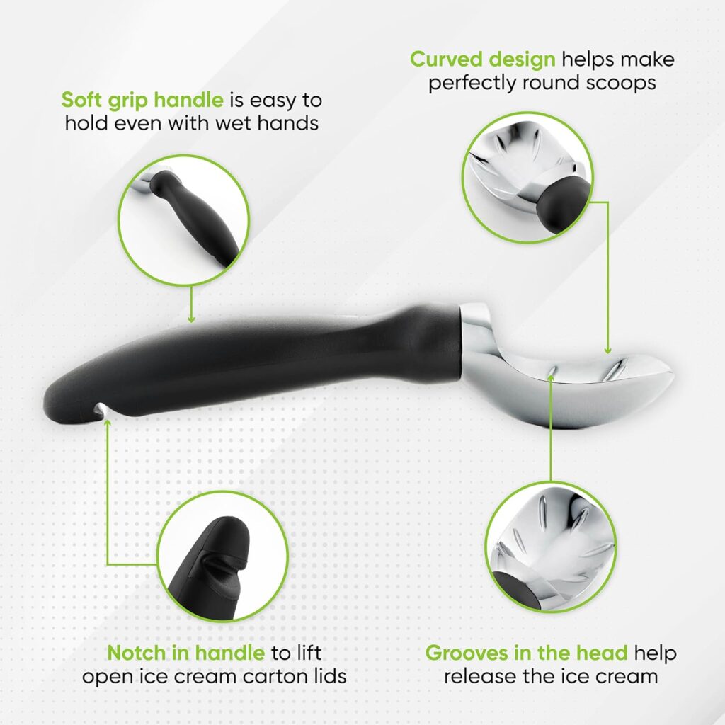 Spring Chef Heavy Duty Ice Cream Scoop with Comfortable Handle - Professional Ice Cream Scooper for Gelato, Sorbet, Cookie Dough, Melon, Frozen Yogurt - Dishwasher Safe Metal Kitchen Tool - Black