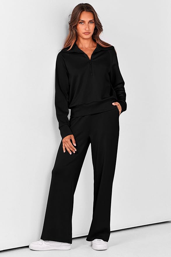 Women's black 2 piece lounge set half zip sweatshirt and wide leg pants