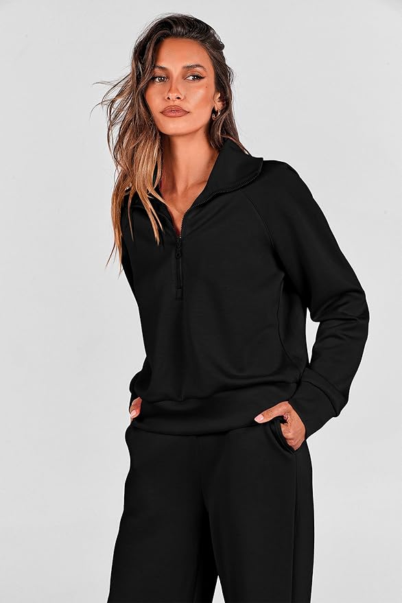 Women's black 2 piece lounge set half zip sweatshirt and wide leg pants
