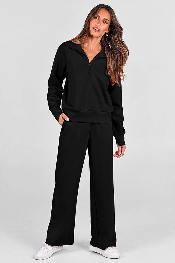 Women's black 2 piece lounge set half zip sweatshirt and wide leg pants