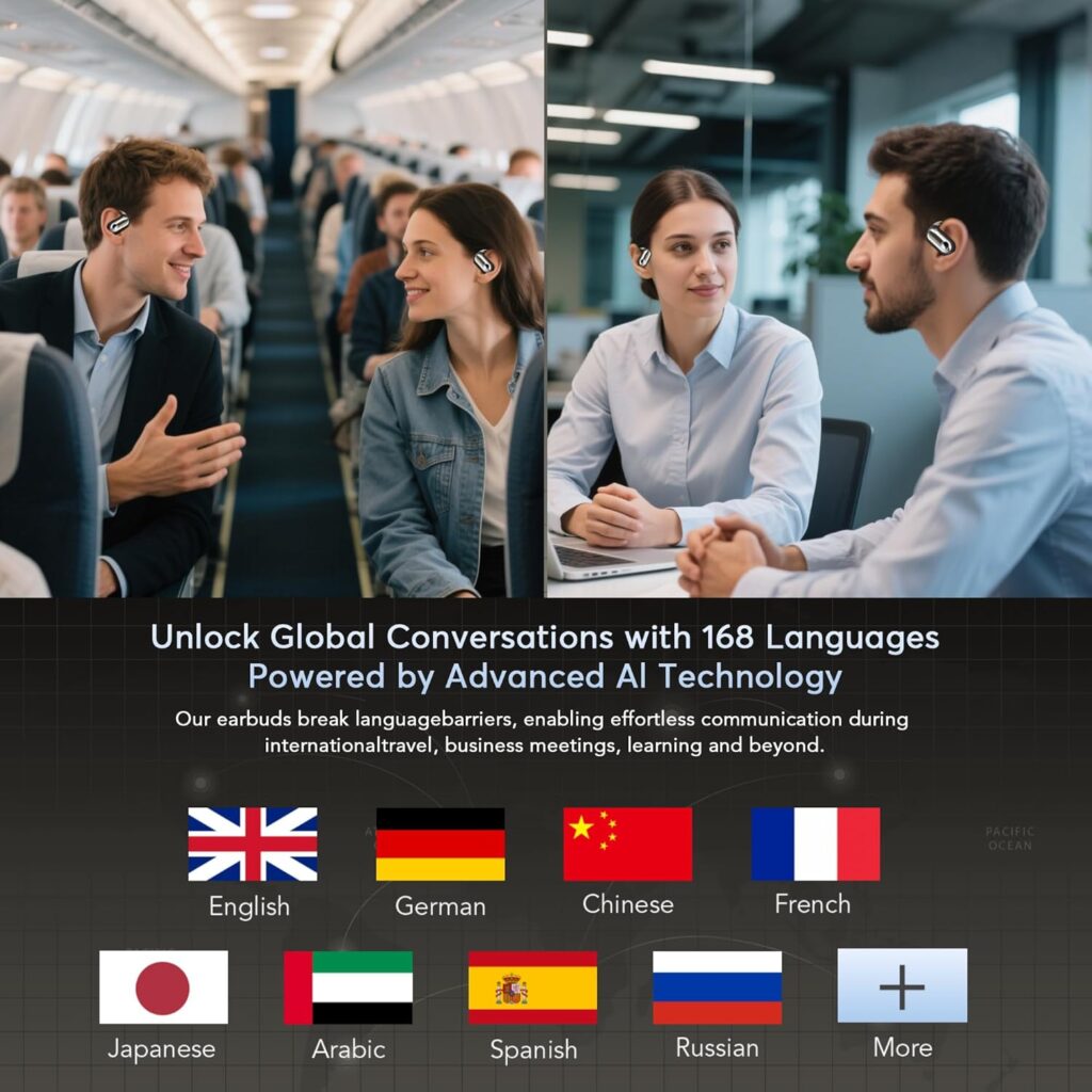 168 Languages AI Translation Earbuds, Bluetooth 5.4 Headphones Translator, 4-in-1 Smart Mode Touch Screen Real
