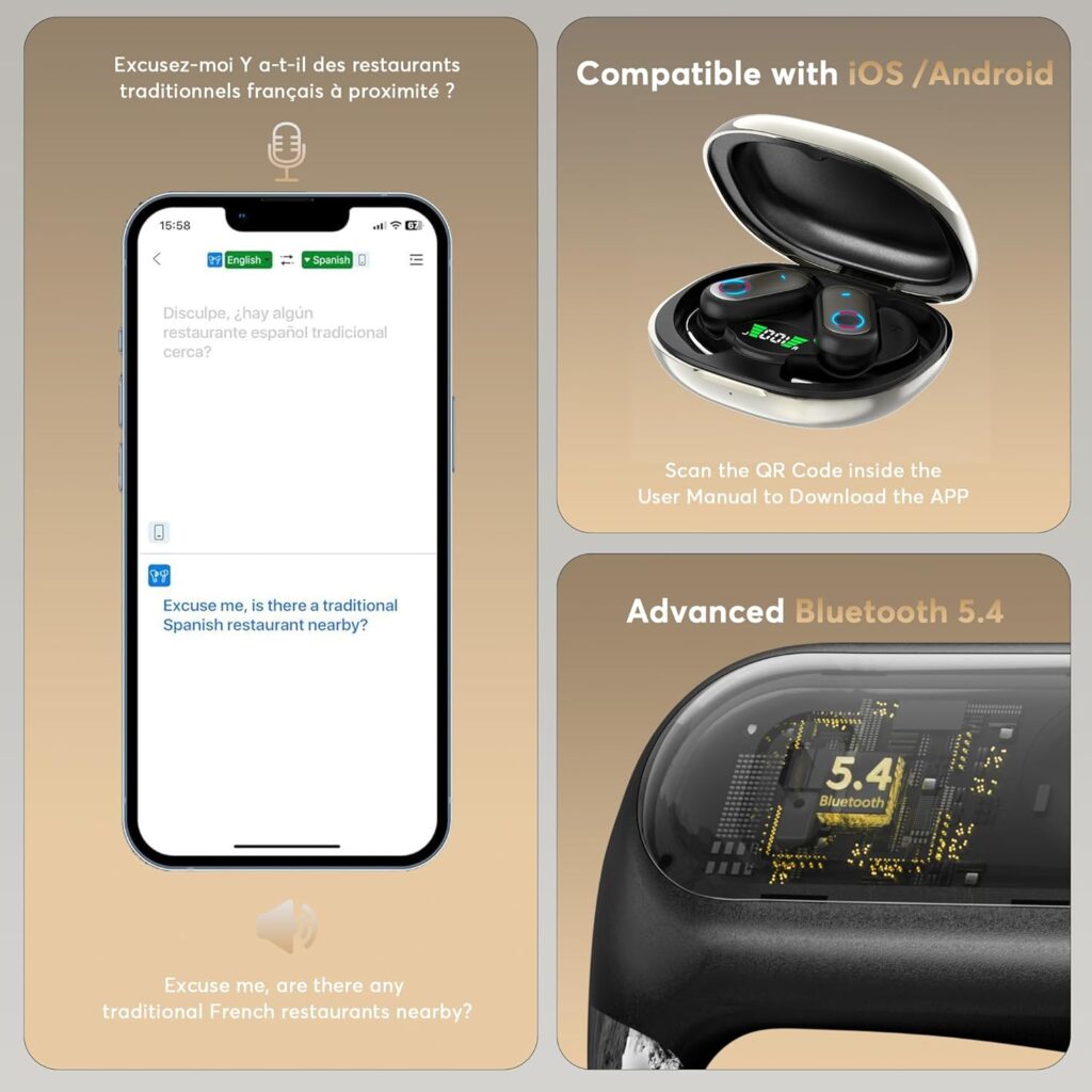 168 Languages AI Translation Earbuds, Bluetooth 5.4 Headphones Translator, 4-in-1 Smart Mode Touch Screen Real
