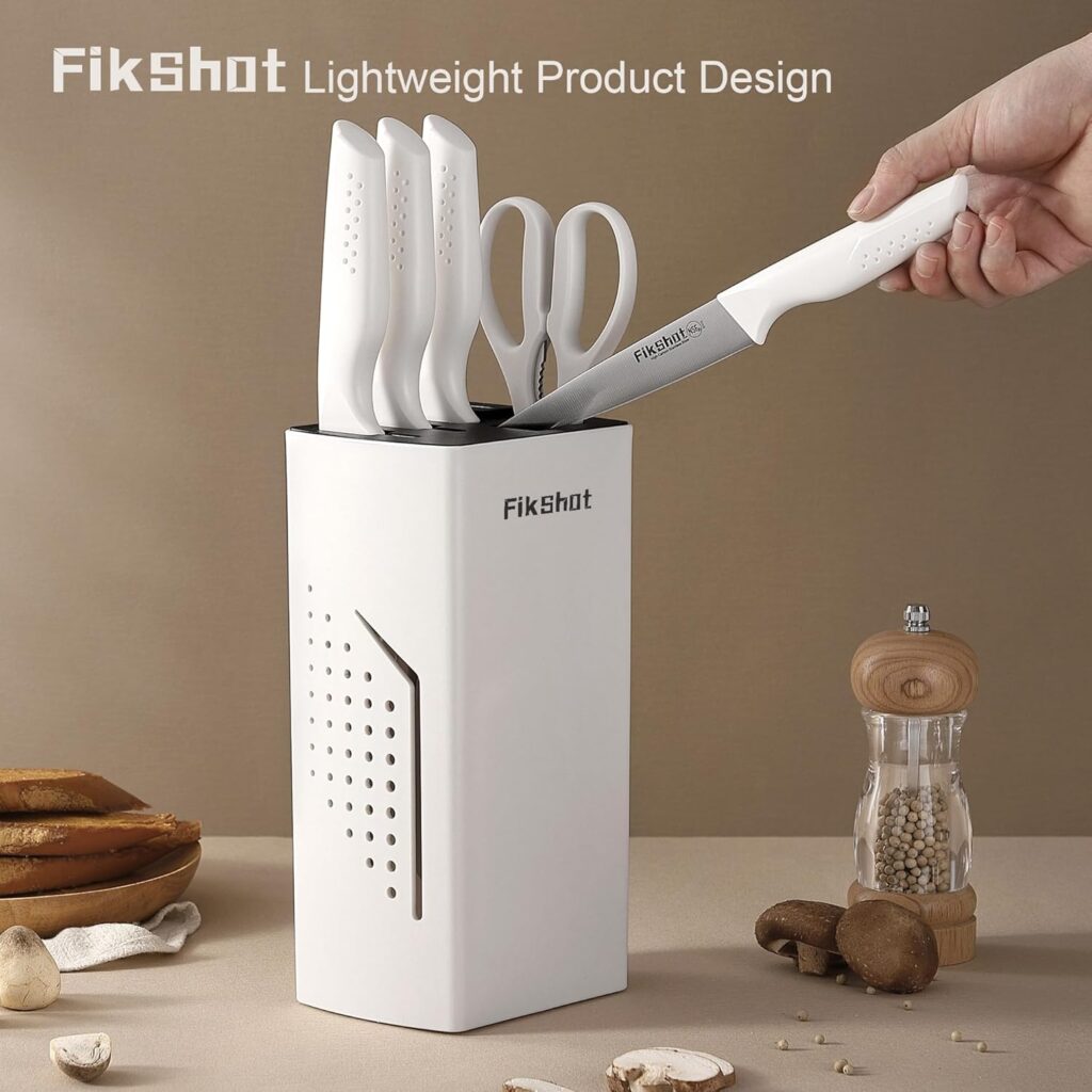 FIKSHOT 6-Piece Professional Kitchen Knife Block Set with Integrated Sharpener: Modern Rust-Resistant High Carbon Steel Cutlery