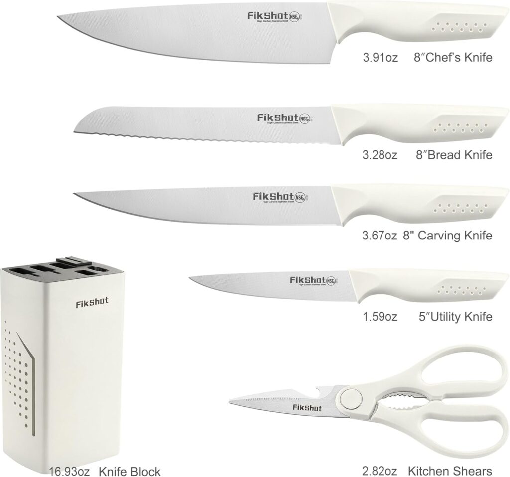 FIKSHOT 6-Piece Professional Kitchen Knife Block Set with Integrated Sharpener: Modern Rust-Resistant High Carbon Steel Cutlery