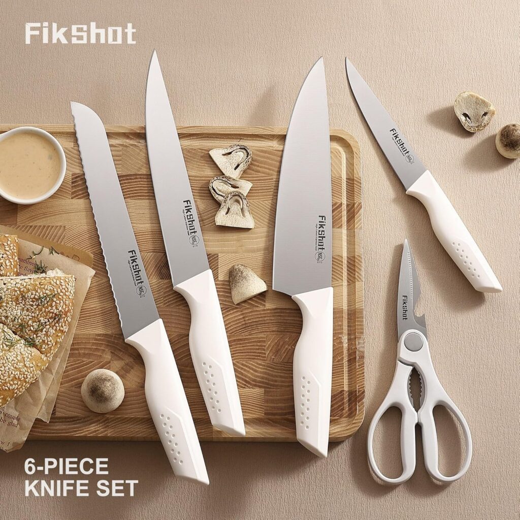 FIKSHOT 6-Piece Professional Kitchen Knife Block Set with Integrated Sharpener: Modern Rust-Resistant High Carbon Steel Cutlery