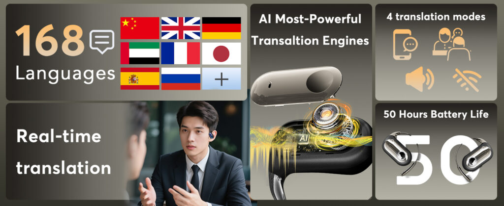 168 Languages AI Translation Earbuds, Bluetooth 5.4 Headphones Translator, 4-in-1 Smart Mode Touch Screen Real